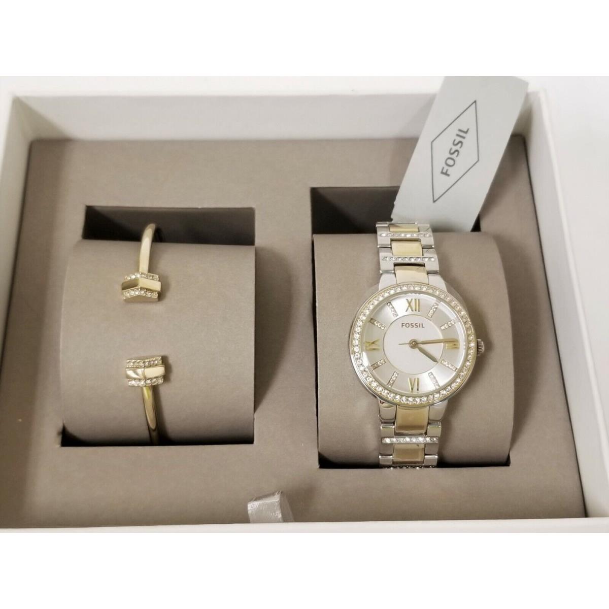 Fossil 2 PC Set Silver+gold 2 Tone WATCH+1 Bangle Bracelet BQ2179SET