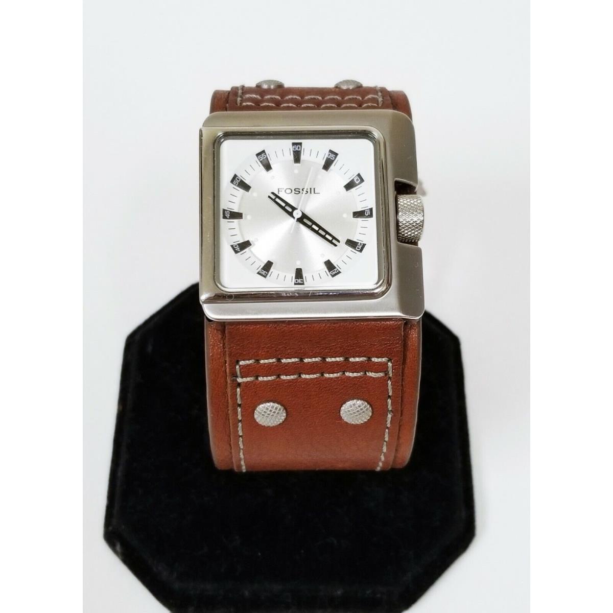 Fossil Silver Tone Brown Luggage Leather Cuff Band Watch JR9715