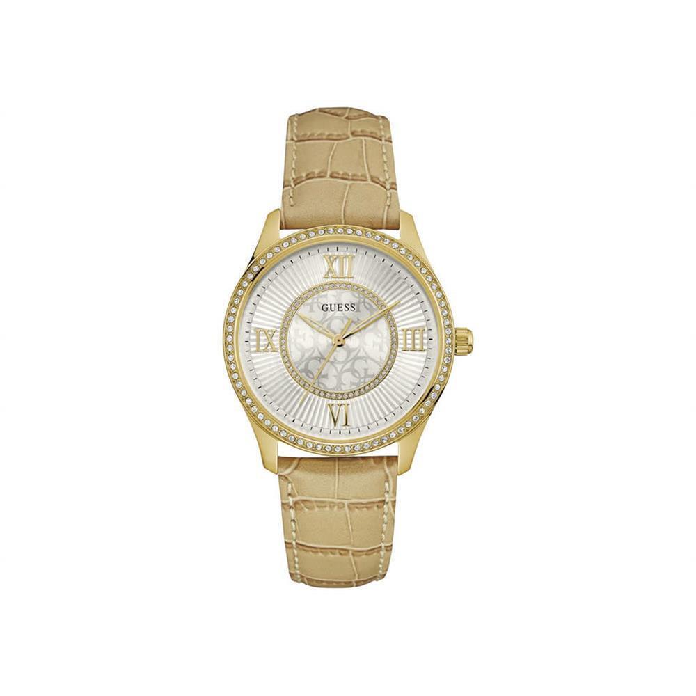 Guess Women`s Broadway Beige Leather Band Steel Case Quartz Watch W0768L2