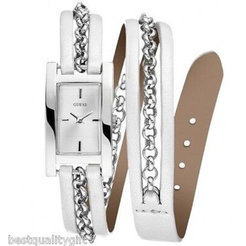Guess Double Wrap Around White Leather+chain Band+silver Dial Watch W75046L1