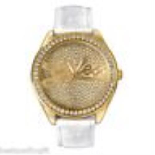 Guess Gold Tone White Leather Band Crystals Glitz Bezel Watch U75033L5