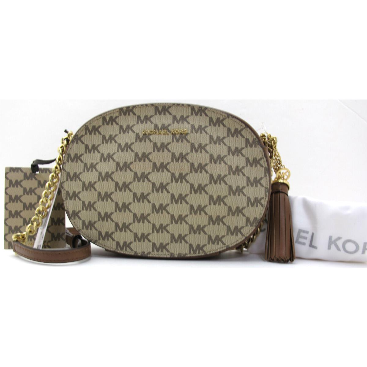 Michael Kors Ginny MD Messenger MK Monogram Crossbody Natural/luggage Gold