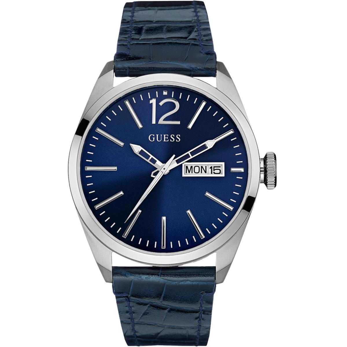 Guess W0658G1 Men Sport Leather Strap Stainless Steel Case Three Hands Day/date - Dial: Blue, Band: Blue