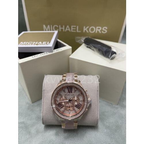 Michael Kors MK6096 Wren Chronograph Rose Gold Crystal Pave Quartz Women`s Watch - Dial: Rose Gold, Band: Pink, Bezel: Rose Gold