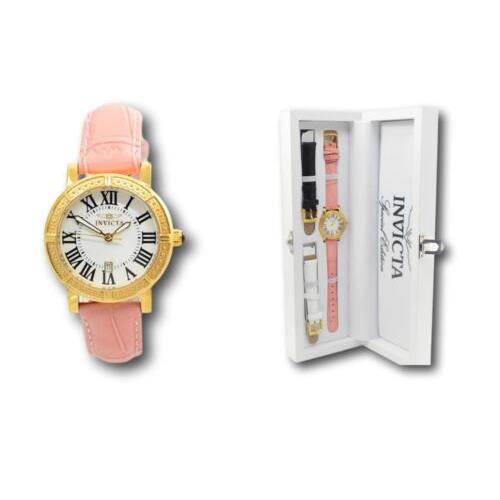 Invicta Wildflower Women`s 33mm Gold Swiss Quartz Leather Band Watch Set 13968 - White Dial, Black Band, Gold Bezel