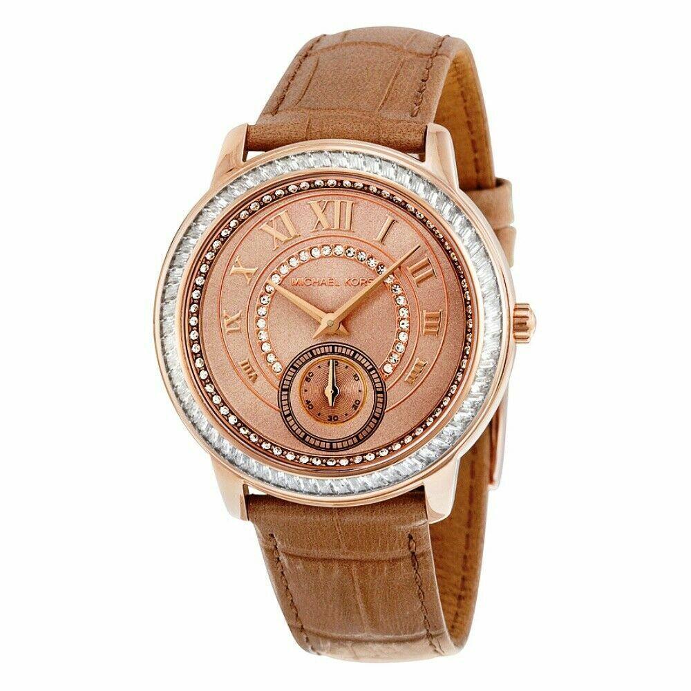 Michael Kors Madelyn Rose Gold Tone Taupe Leather Band Crystals WATCH-MK2448