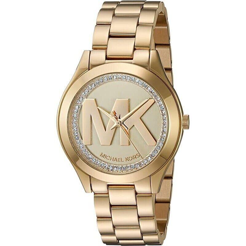 Michael Kors MK3477 Mini Slim Runway Crystal Gold-tone Stainless Womens Watch - Dial: Gold, Band: Gold, Bezel: Gold