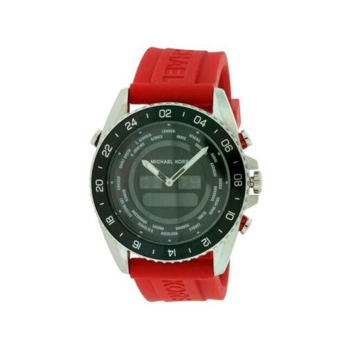 Michael Kors Jet Master Silver+black Tone Red Silicone Band Ana-dig Watch MK8402