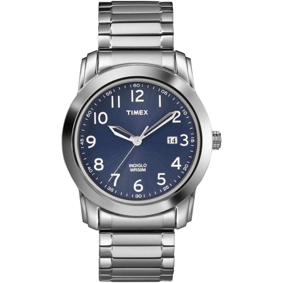 Timex T2P132 Easy Reader Men`s Silvertone Expansion Indiglo Date - Dial: Blue, Band: Silver