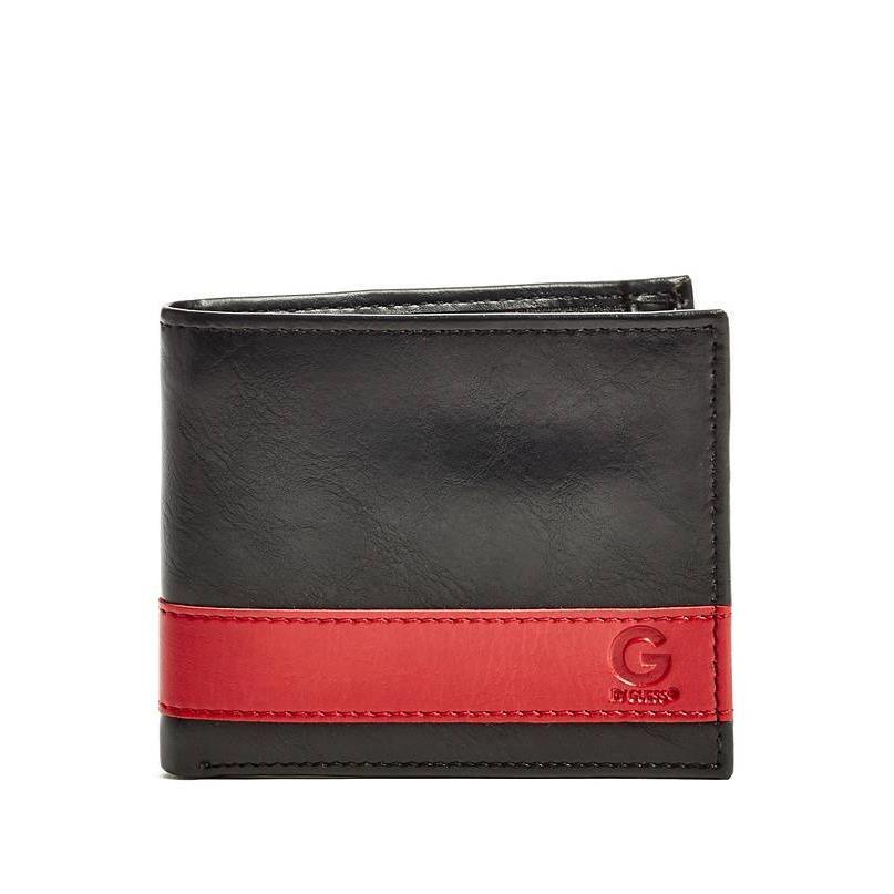 G BY Guess Black+red Striped Leather Men`s Bifold with Zipper Wallet