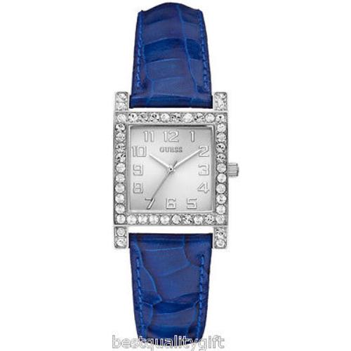 Guess Cobalt Blue Croc Leather Band+silver Tone Dial+crystal Bezel Watch W0129L3