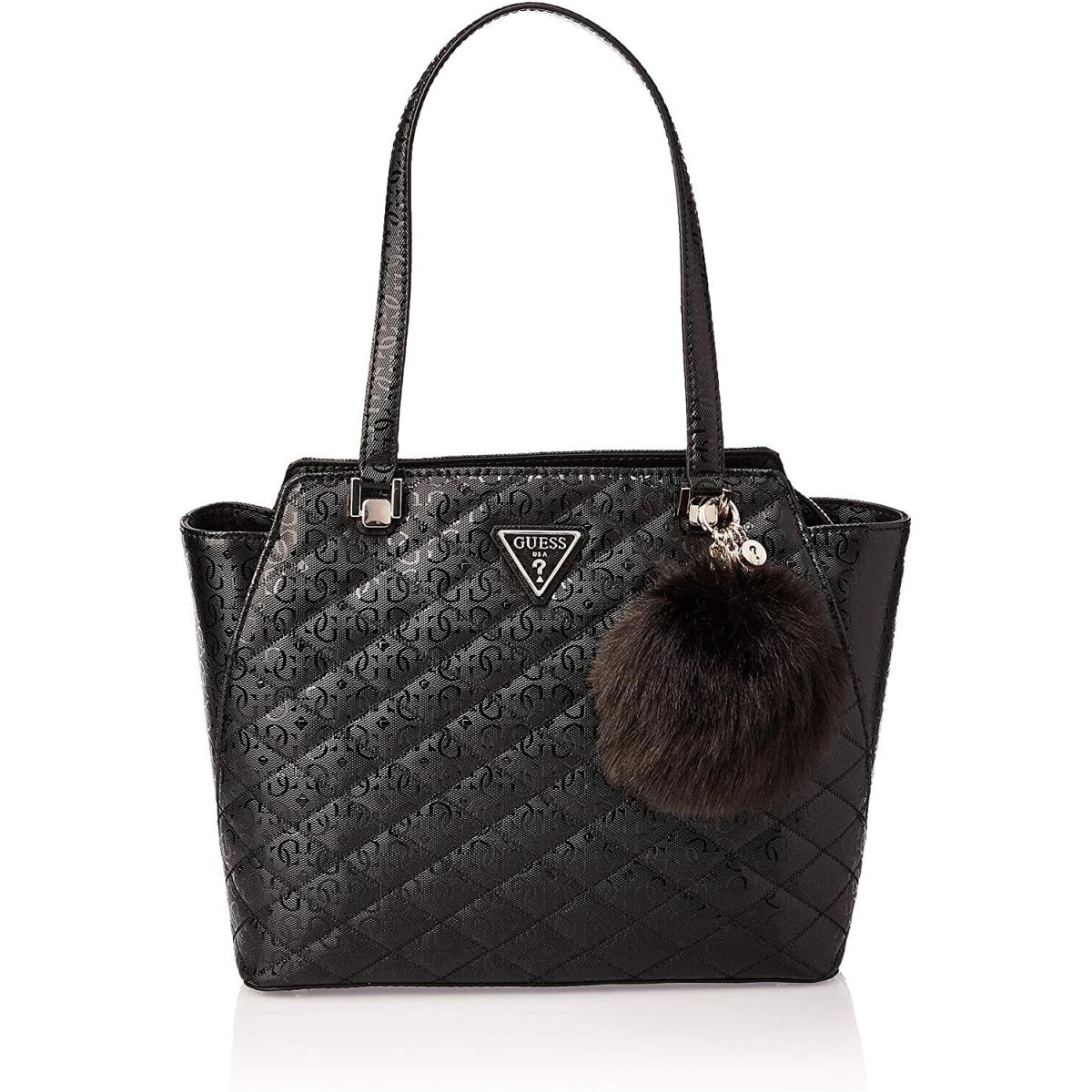 Guess Women`s Astrid Black Glossy Shine Quilted Large Tote Bag Handbag Purse