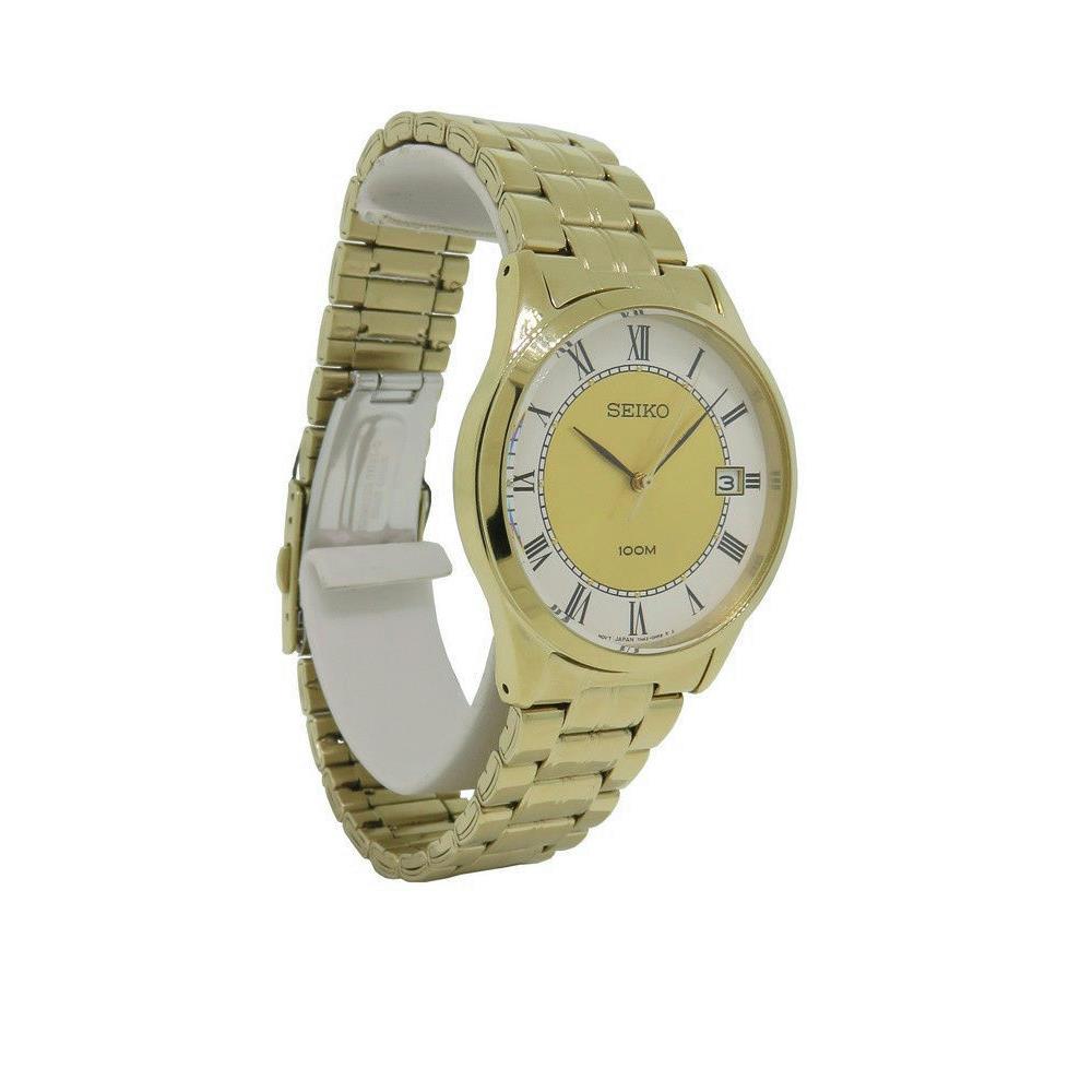 Seiko SGEF08 Men`s Round Roman Numeral Date Analog Gold Tone Watch