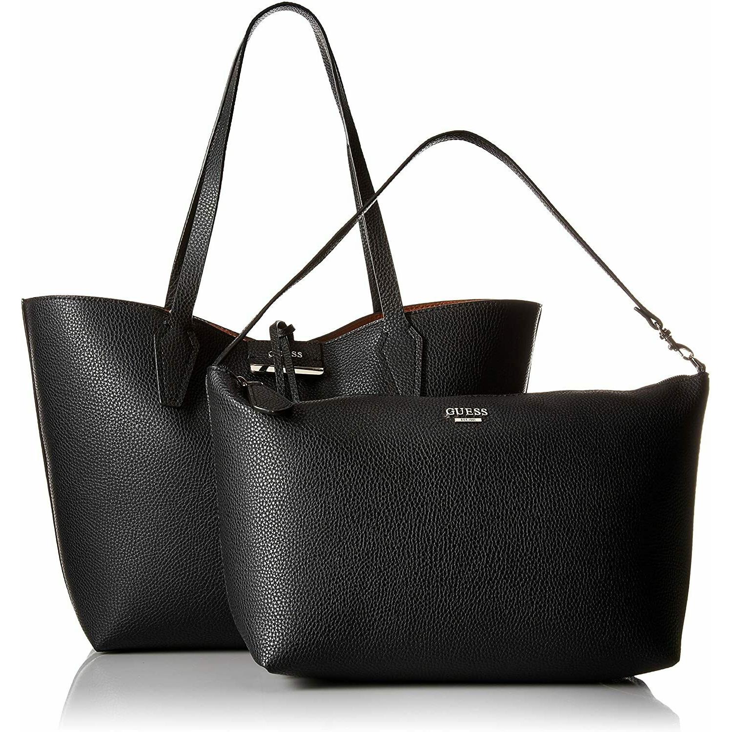 Guess Logo Bobbi 2-in-1 Reversible Black Cognac Tote Bag Handbag 2PC Set