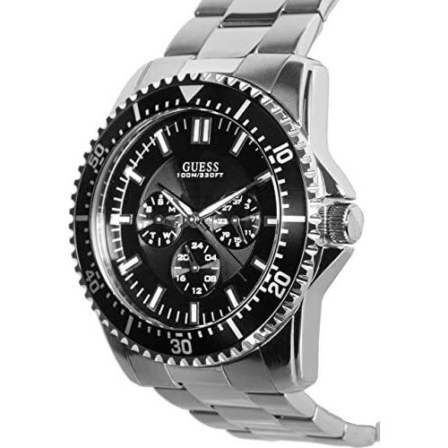 Guess Polished Silver Tone Black Dial Multifunction Bracelet Watch U12618G1