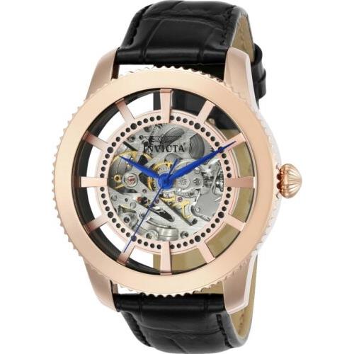 Invicta Men`s Watch Vintage Skeleton Dial Automatic Black Leather Strap 23639 - Rose, Silver Dial, Black Band