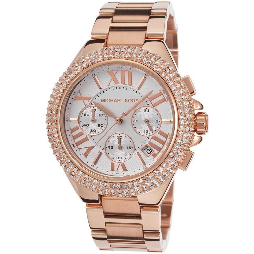 Michael Kors Camille Rose Gold Pave Glitz Chrono Roman Numerals WATCH-MK5636 - White Dial, ROSE GOLD Band