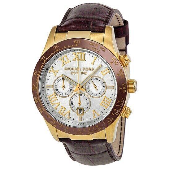 Michael Kors Layton Gold+brown Tone Embossed Brown Leather Band Watch MK8263 - Dial: Silver, Band: Brown