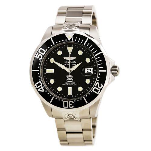 Invicta Men`s Watch Grand Diver Automatic Black Dial Steel Bracelet 3044 - Face: Black, Dial: Black, Band: Silver