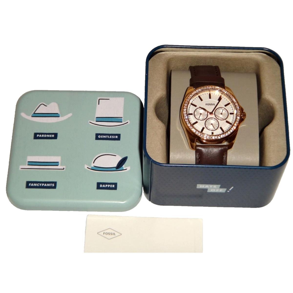 Fossil Women Janice Rose Gold Chronograph Watch 38mm Brown Strap Crystals BQ3383