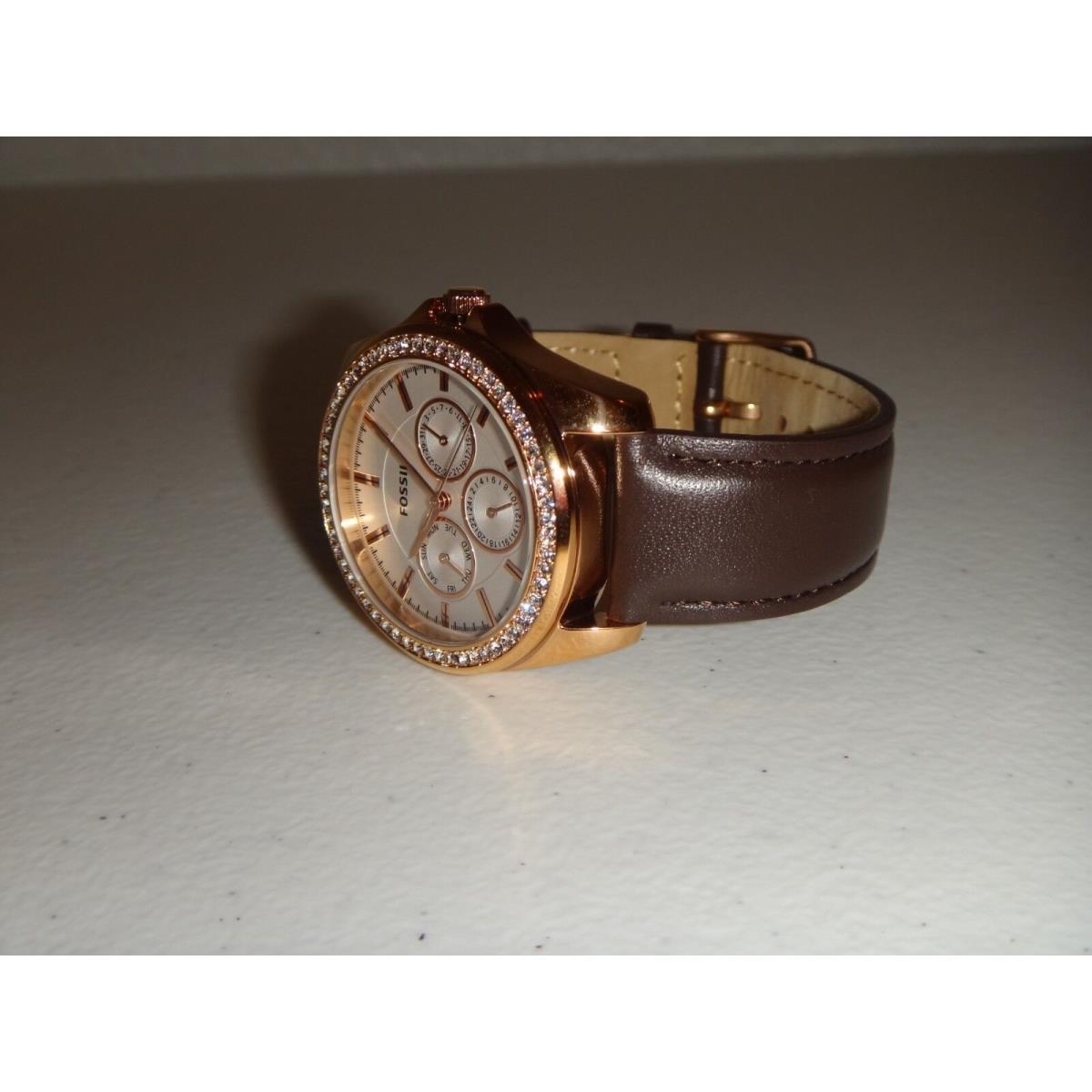 Fossil Women Janice Rose Gold Chronograph Watch 38mm Brown Strap Crystals BQ3383