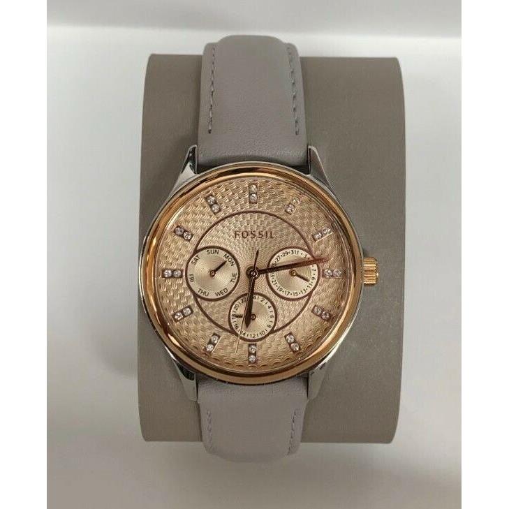 Fossil BQ1586 Beige Dial Grey Leather Strap Multifunction Women`s Watch