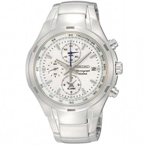 Seiko Men`s SNAE39P1 White Dial Steel Bracelet Chronograph Alarm Wrist Watch - Dial: White, Band: Silver