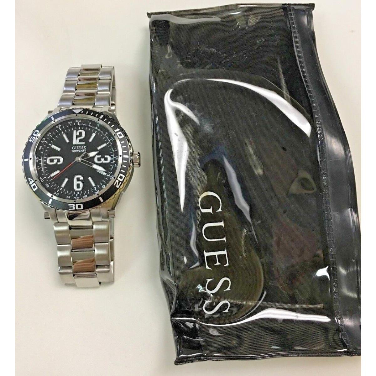 Guess Mens Silver Tone Black Dial Watch U0043G1