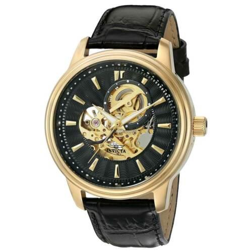 Invicta Men`s Watch Vintage Black and Gold Skeleton Dial Leather Strap 22578