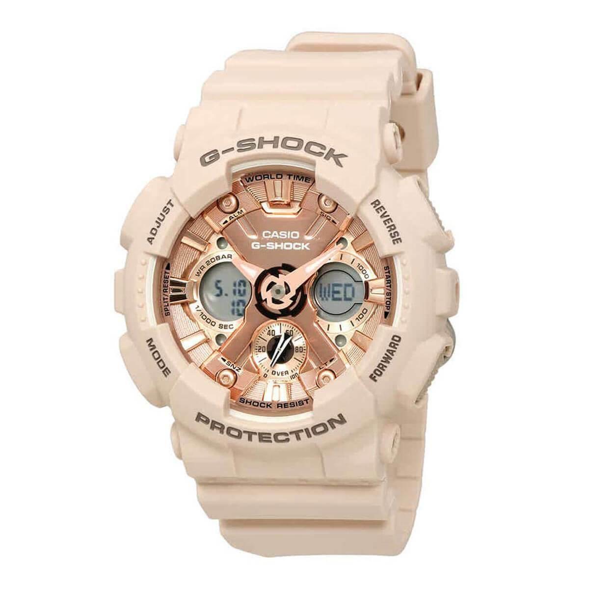 Casio Women`s Ana-digi Watch G-shock Rose Gold Dial Pink Strap GMAS120MF-4A