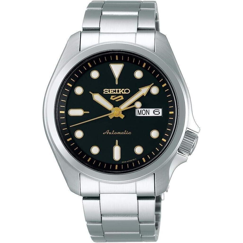 Seiko Men`s 5 Sports Men`s Steel Band Day-date Watch SRPE57 - Dial: Black, Band: Silver