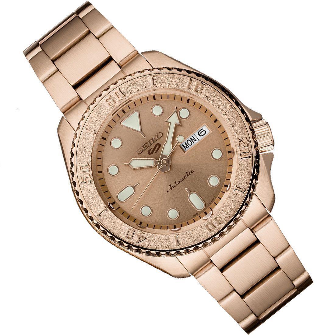 Seiko 5 Sports Automatic 24-Jewel Rose Gold Dial Bracelet Men`s Watch SRPE72