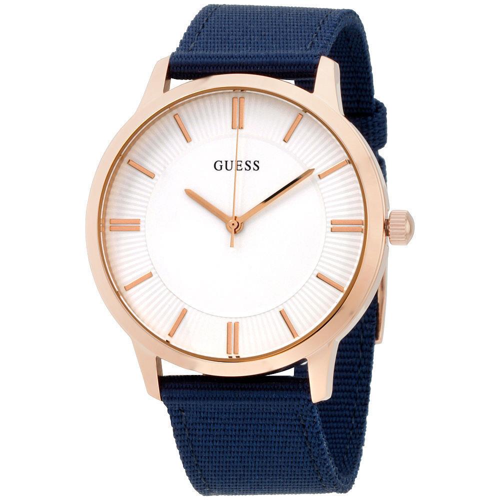 Guess Men`s Silver Dial Blue Fabric Strap Watch W0795G1