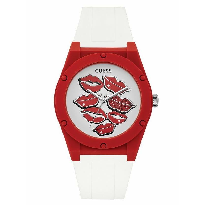 Guess Iconic Red+white Silicone Band Red+gold Lips Dial WATCH-U0979L21