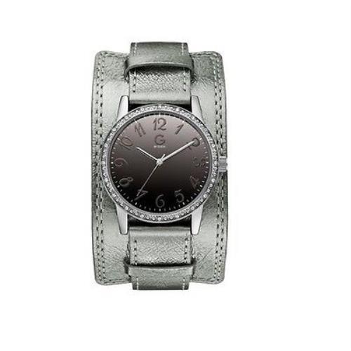 G BY Guess Metallic Silver Leather Band Cuff+mirror Dial+crystal WATCH-G89051L1