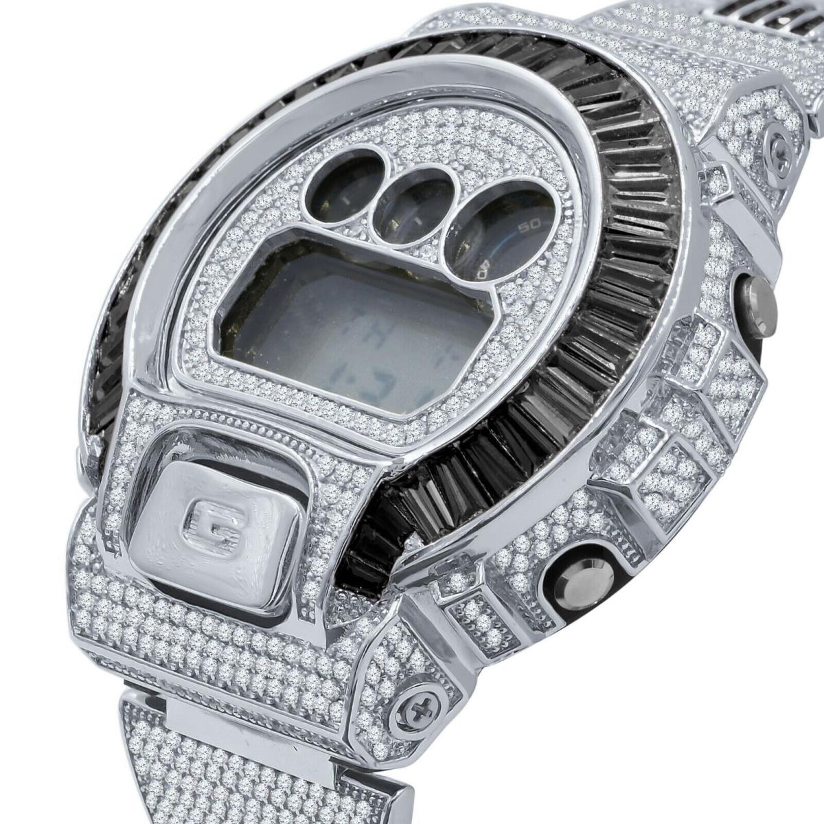 Icy Black Baguettes On White Gold Finish Casio G-shock DW-6900 Watch