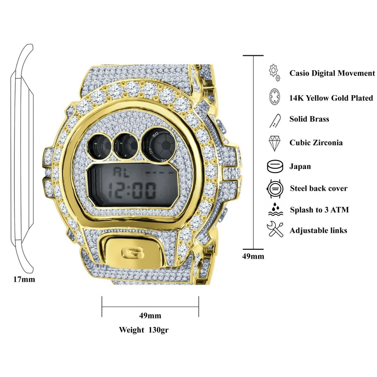 Icy White Solitaire On Yellow Gold Finish Casio G-shock DW-6900 Watch