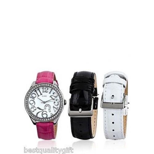 Guess White+fuchsia+black Croc Leather Interchangable+silver Watch Set W11130L1