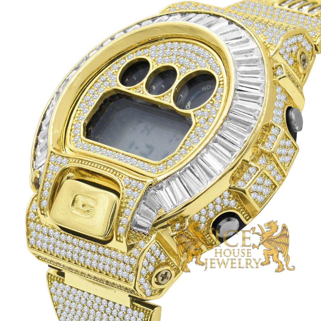 Icy White Baguettes On Yellow Gold Finish Casio G-shock DW-6900 Watch