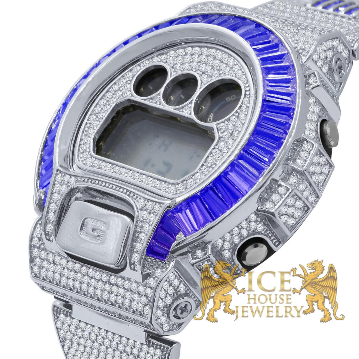 Icy Blue Sapphire Baguettes On White Gold Casio G-shock DW-6900 Watch