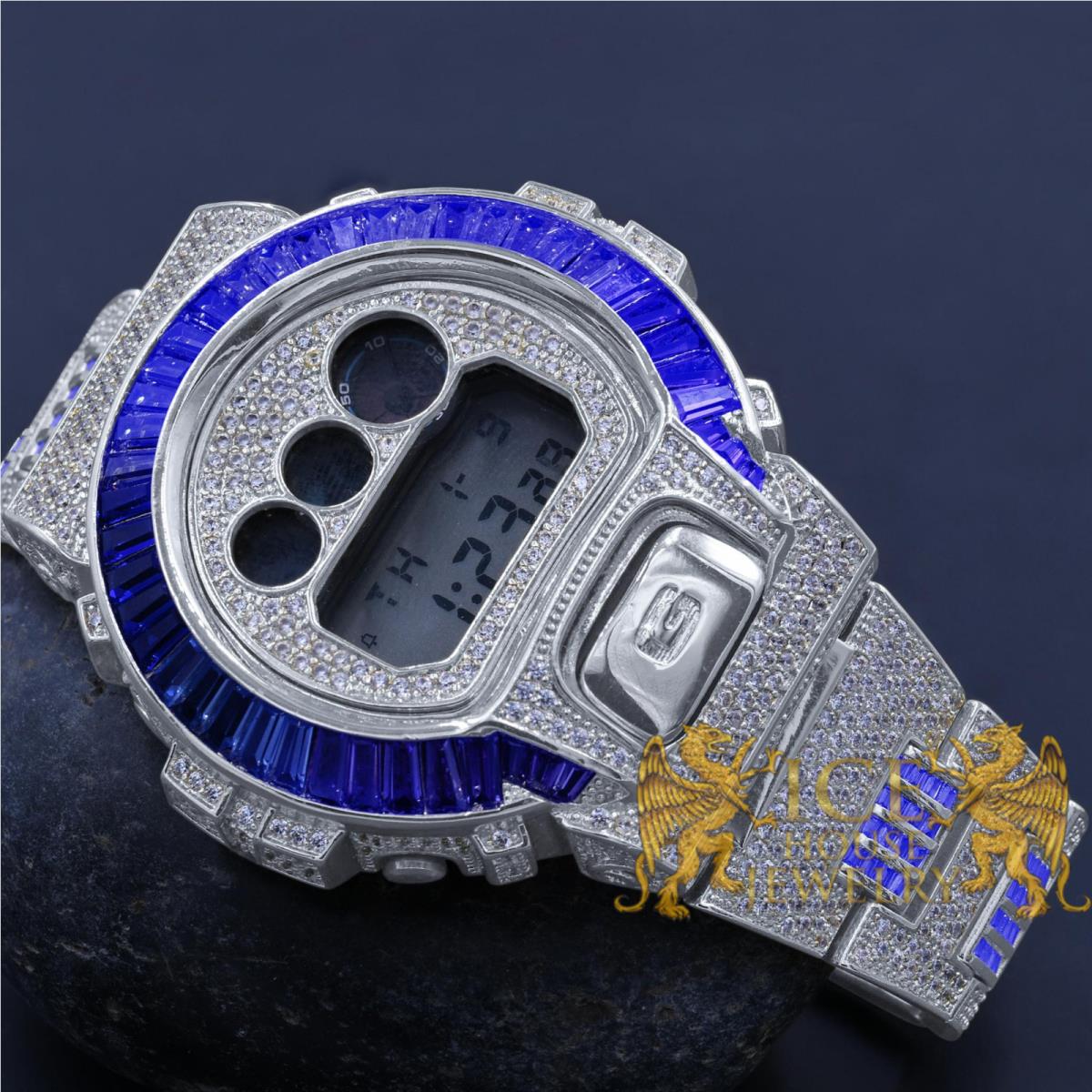 Icy Blue Sapphire Baguettes On White Gold Casio G-shock DW-6900 Watch