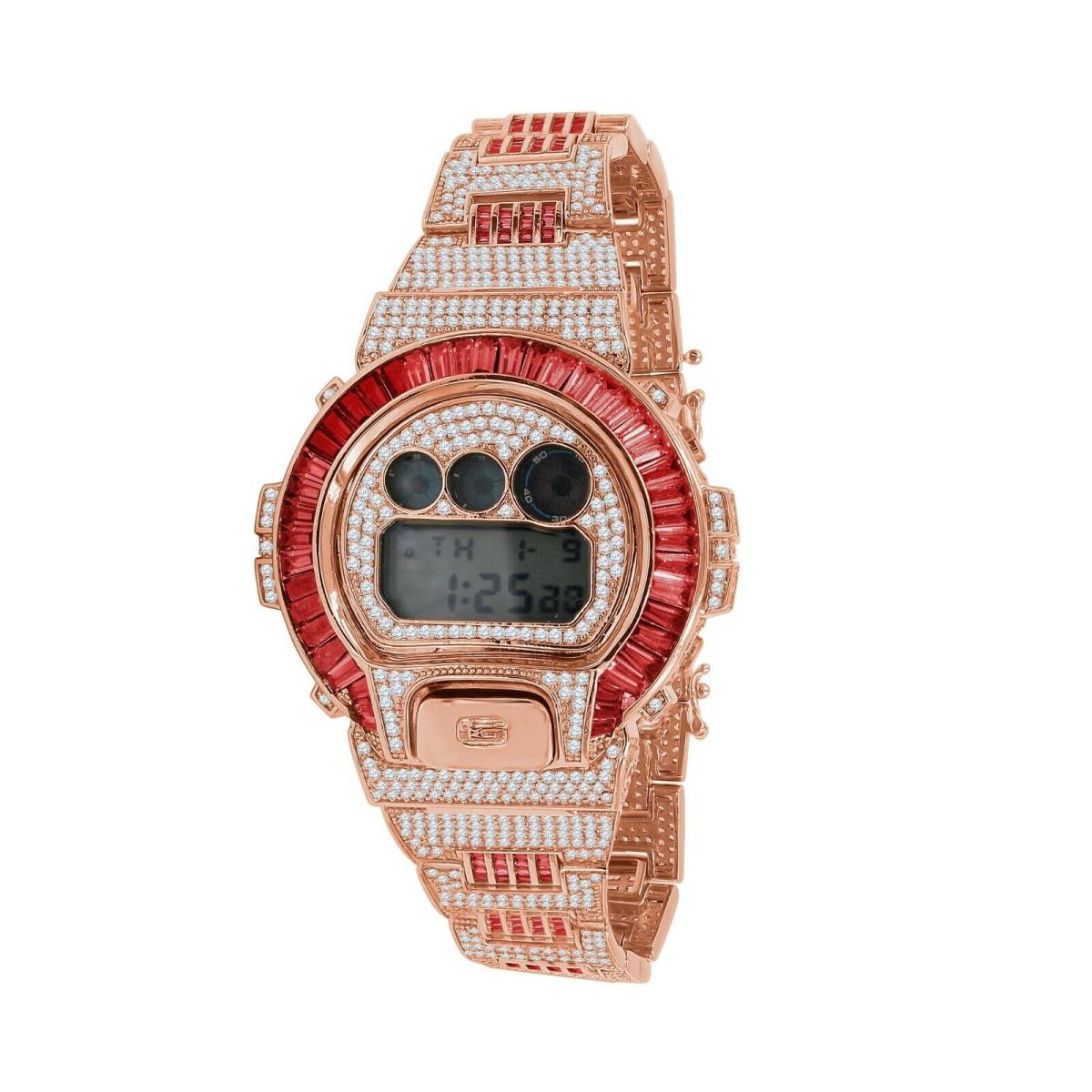 Icy Red Ruby Baguettes On Rose Gold Finish Casio G-shock DW-6900 Watch