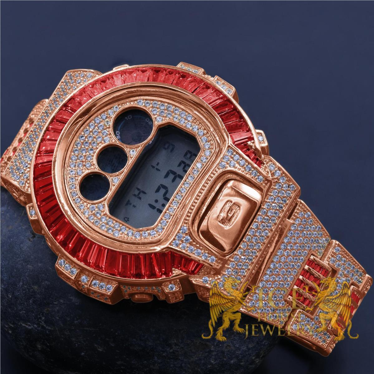 Icy Red Ruby Baguettes On Rose Gold Finish Casio G-shock DW-6900 Watch