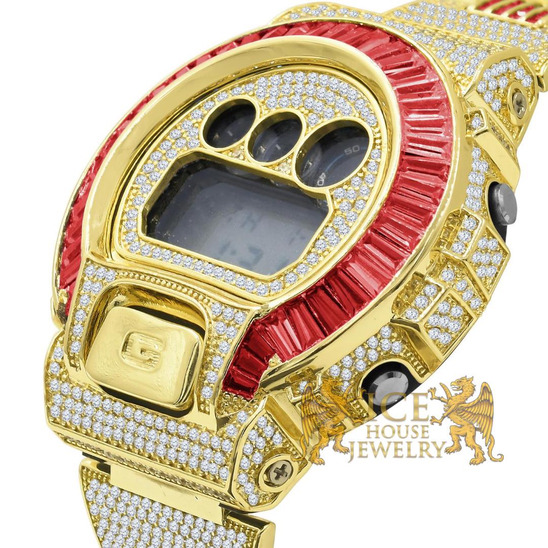 Icy Red Ruby Baguette On Yellow Gold Finish Casio Gshock DW-6900 Watch