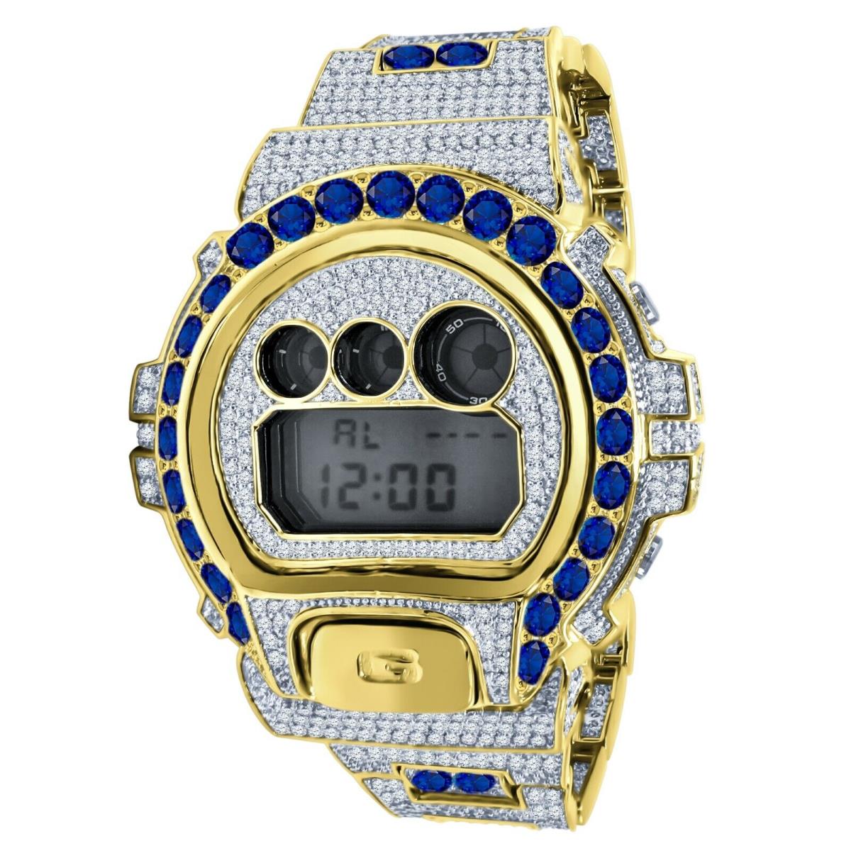 Icy Blue Sapphire Solitaire On Yellow Gold Finish Casio G-shock DW-6900 Watch