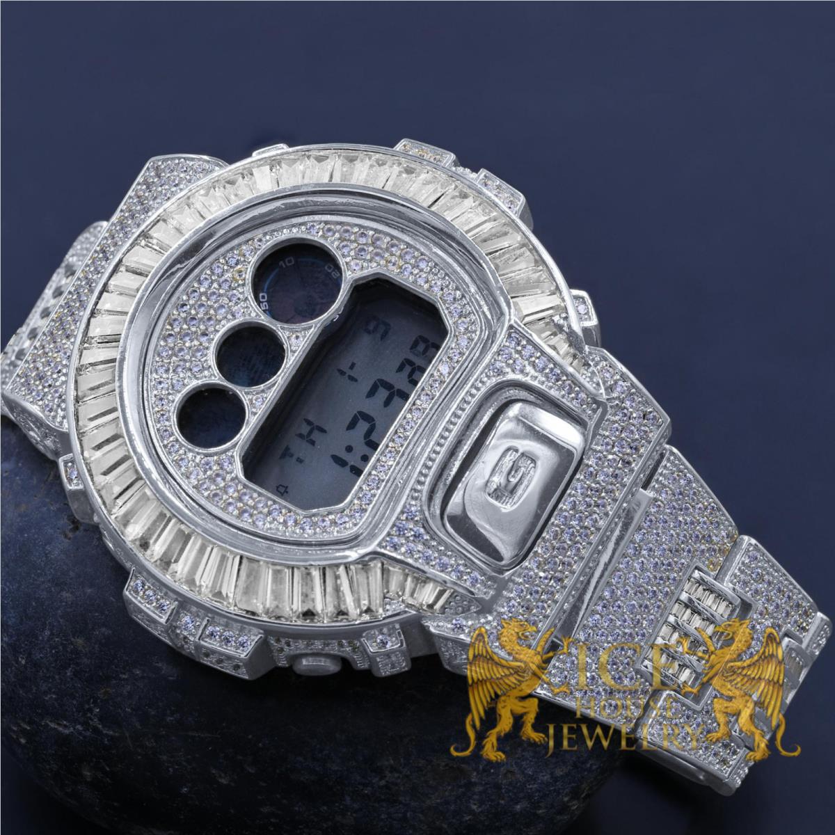 Icy White Baguettes On White Gold Finish Casio G-shock DW-6900 Watch