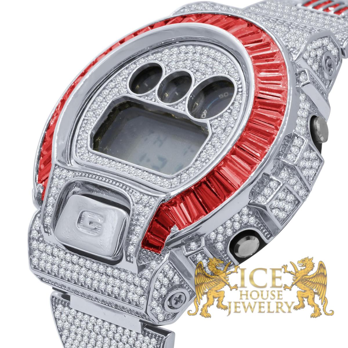 Icy Red Ruby Baguette On White Gold Finish Casio G-shock DW-6900 Watch