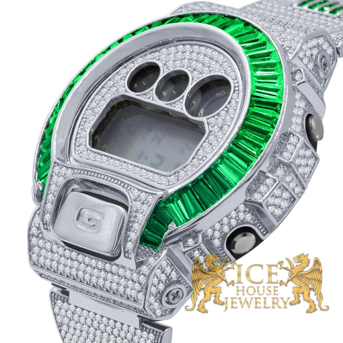 Icy Green Emerald Baguettes On White Gold Casio G-shock DW-6900 Watch