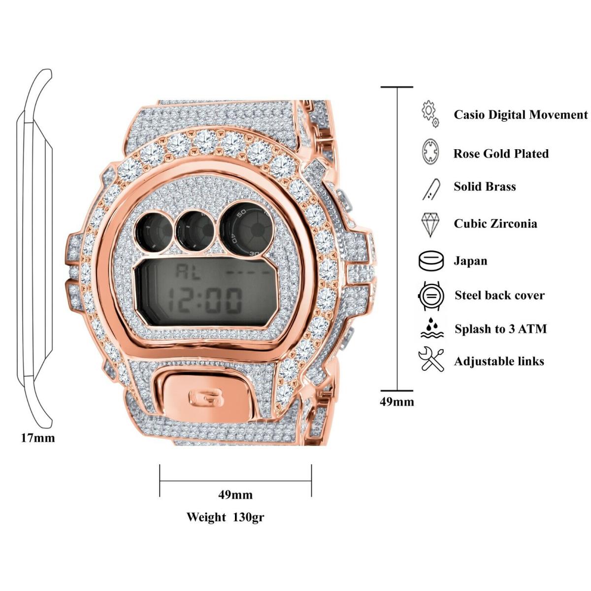 Icy White Solitaire CZ On Rose Gold Finish Casio G-shock DW-6900 Watch