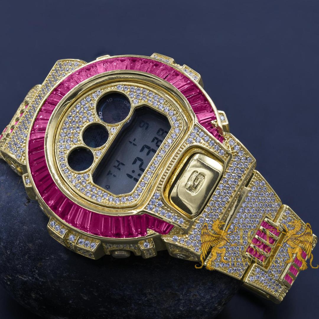 Icy Baguette Pink Tourmaline Yellow Gold Casio G-shock DW-6900 Watch